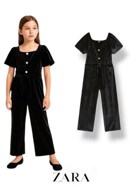 ZARA Girls Black Velvet Wide Leg Jumpsuit NWT Size 9